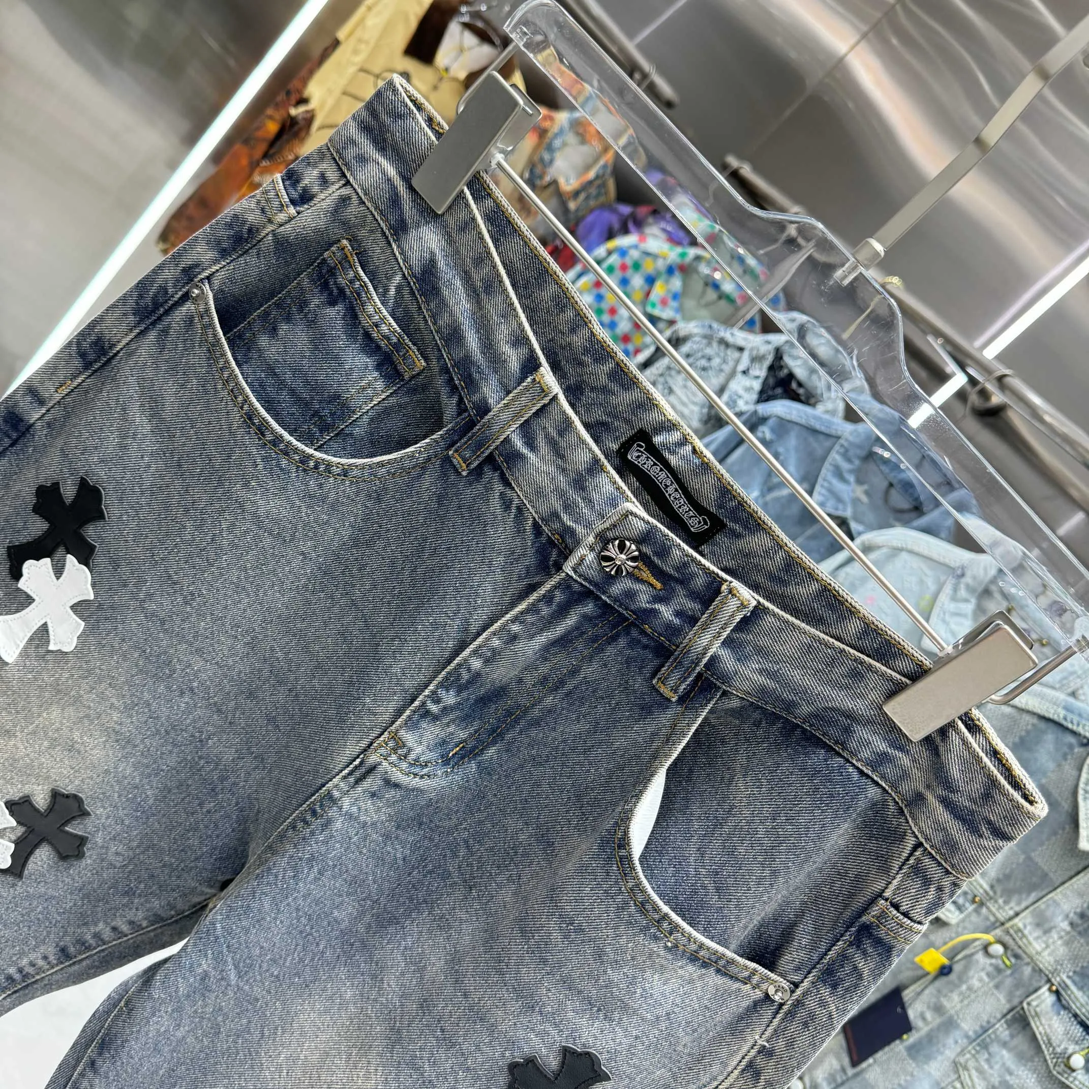 🅿️270 Crow Heart Cross logo + printed logo jeans 2025 latest product, original goods, washed casual jeans, imported original washed stretch fabric, comfortable and elastic, original hardware accessories decorated with logo, super correct version, extremely high grade, counter quality, fashionable and stylish upper body. The printing adopts imported foam printing, customized buttons, YKK zippers. The complete set of accessories is customized by molding. Color: blue Size: S-XXL 28 30 32 34 36 code